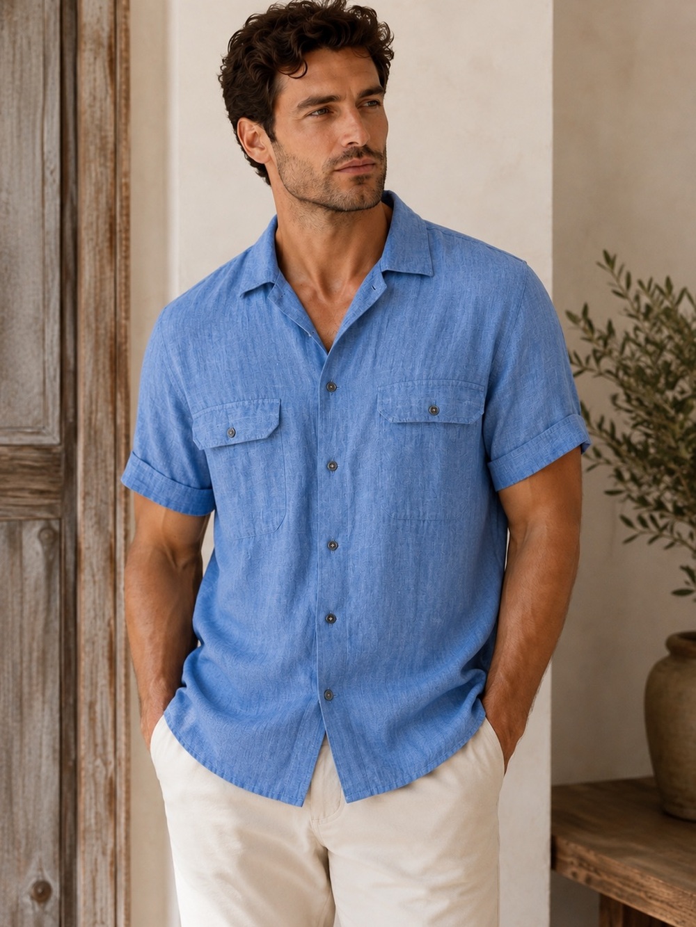 Italian Made Linen Jacques Simenon Vintage Blue Button Up Shirt Designer Luxury